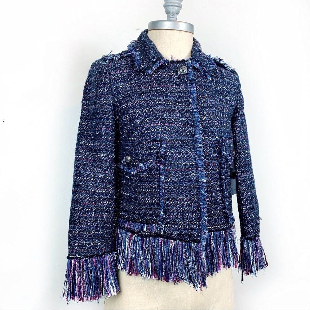 For The Republic Petite Blue Tweed Fringe 3/4 Sleeve Cropped Jacket NWT
